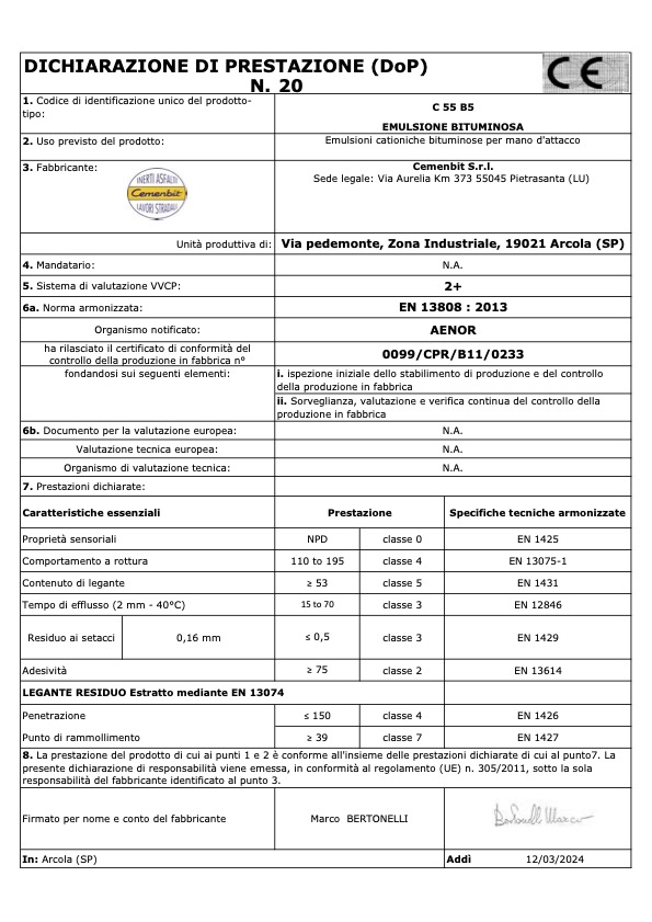 DoP 20 Emulsione bitumosa
